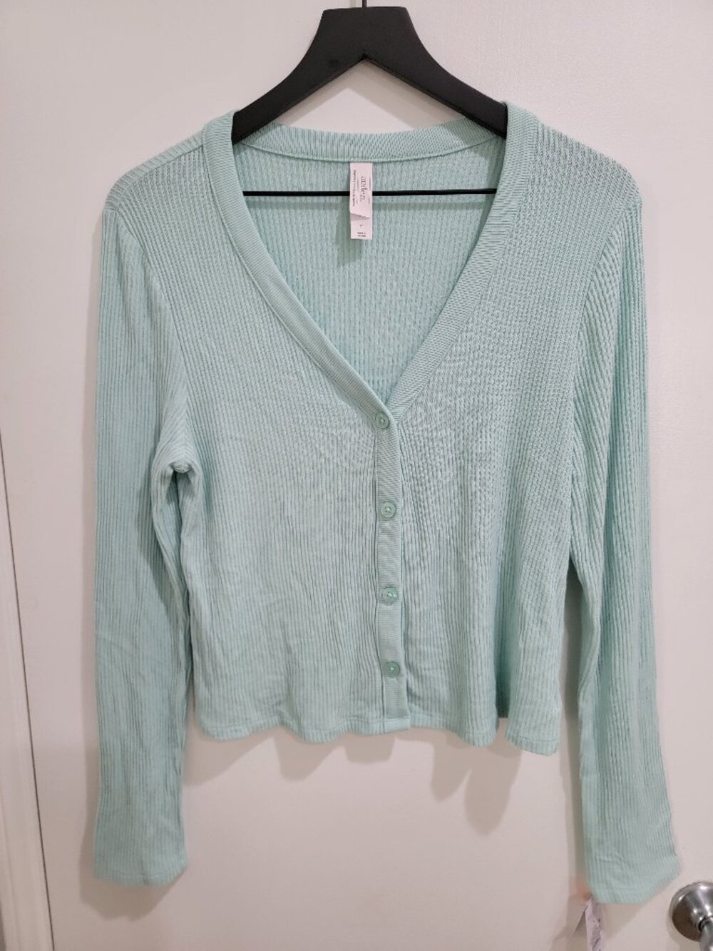 Women's Cozy Ribbed Long Sleeve Button Front Cardi Top - Auden™ Mint L